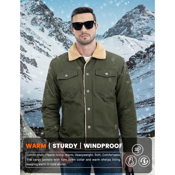 Mens Green AI Winter Sherpa Lined Jacket Warm Trucker Coat Multi Pocket - Picture 3 of 7